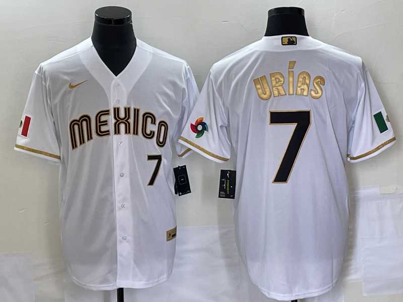 Mens Mexico Baseball #7 Julio Urias Number 2023 White Gold World Baseball Classic Stitched Jersey->2023 world baseball classic->MLB Jersey